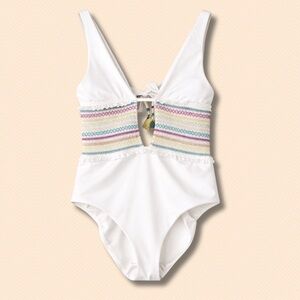 Isabella Rose Crystal Cove Smocked Plung Neckline Keyhole One-Piece Swimsuit S